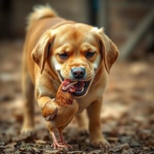 Dog eating chicken