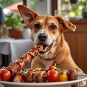 Dog eating kebabs